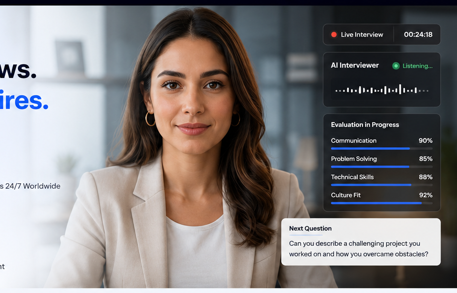 Intervio AI product concept with avatar interviewer and scoring panels